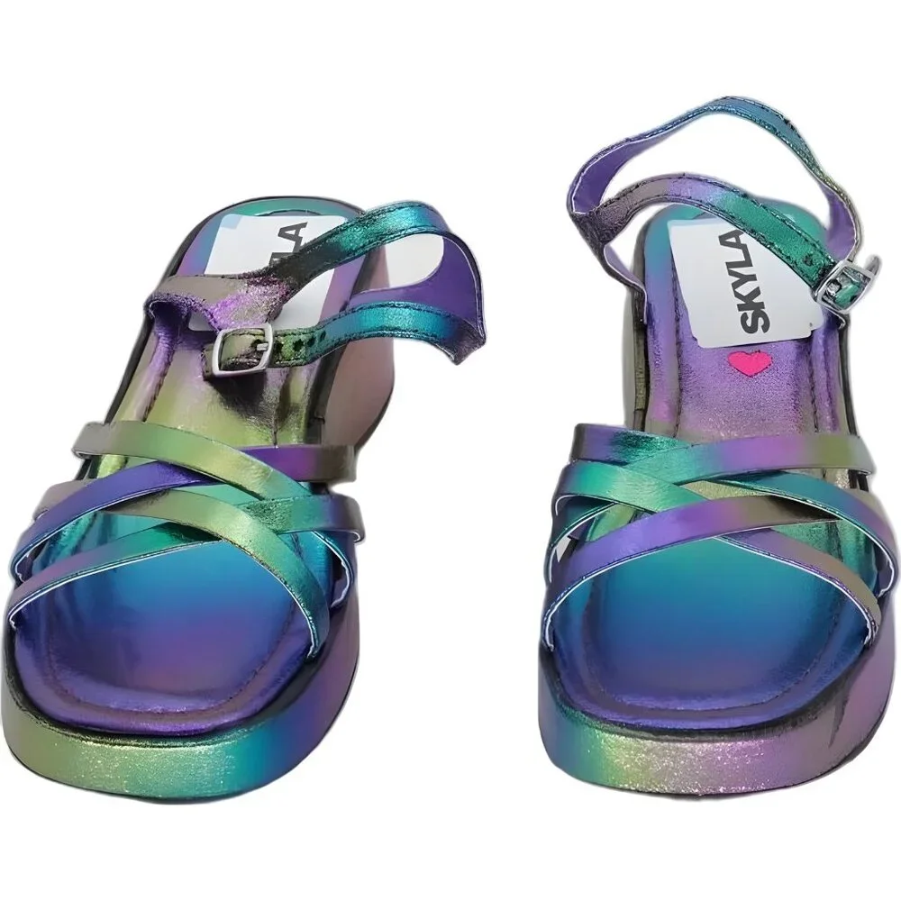 Steve Madden Girls Crazy Wedge Sandal Iridescent Straps Size 4 - Picture 5 of 6